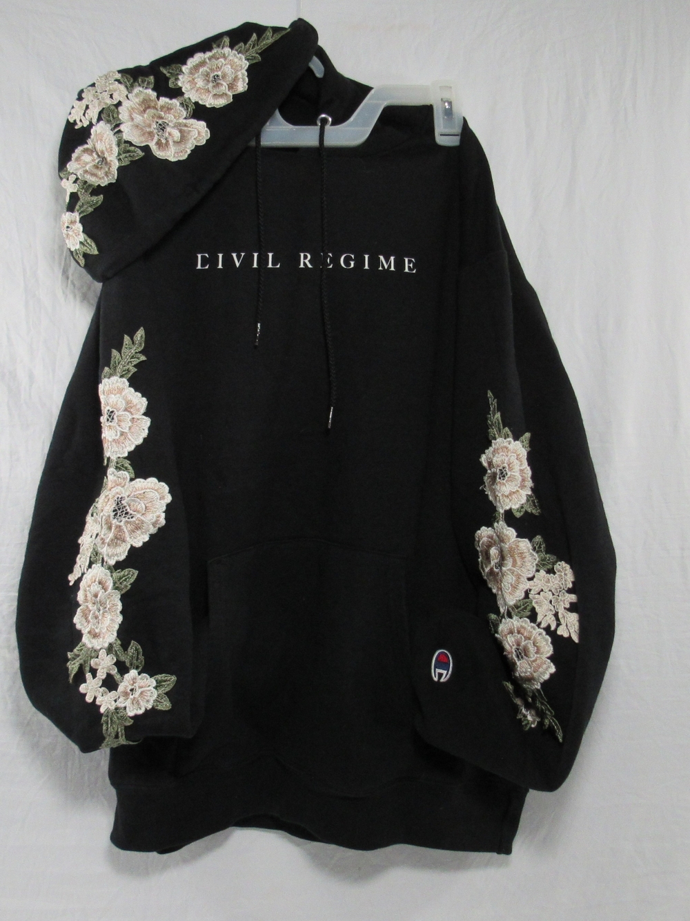 Champion Civil Regime Black Hoodie Sweater with Beige Floral Embroidery